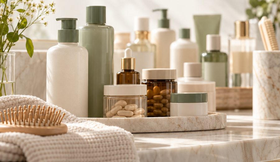 Prateleira com vários frascos de shampoo e vitaminas
